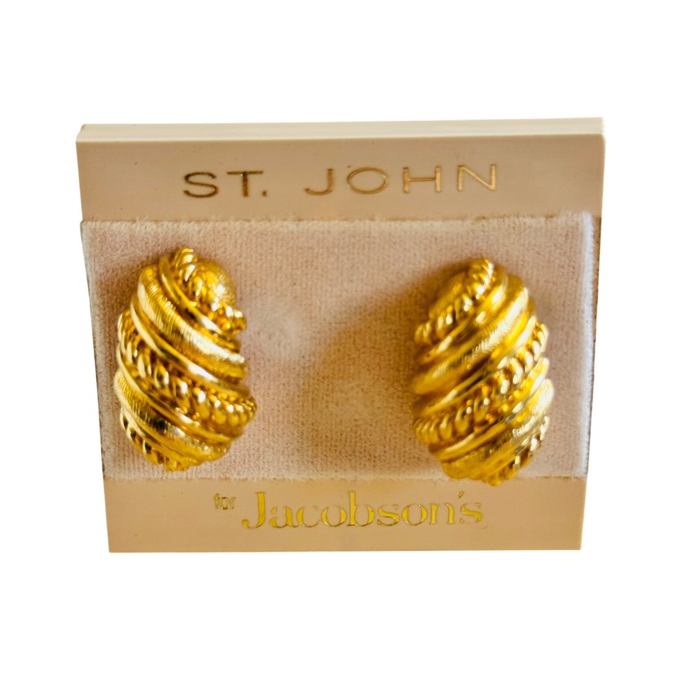 St. John Clip 80s Cuff Earrings VTG Scalloped Regal Gold Plated Designer Chunky